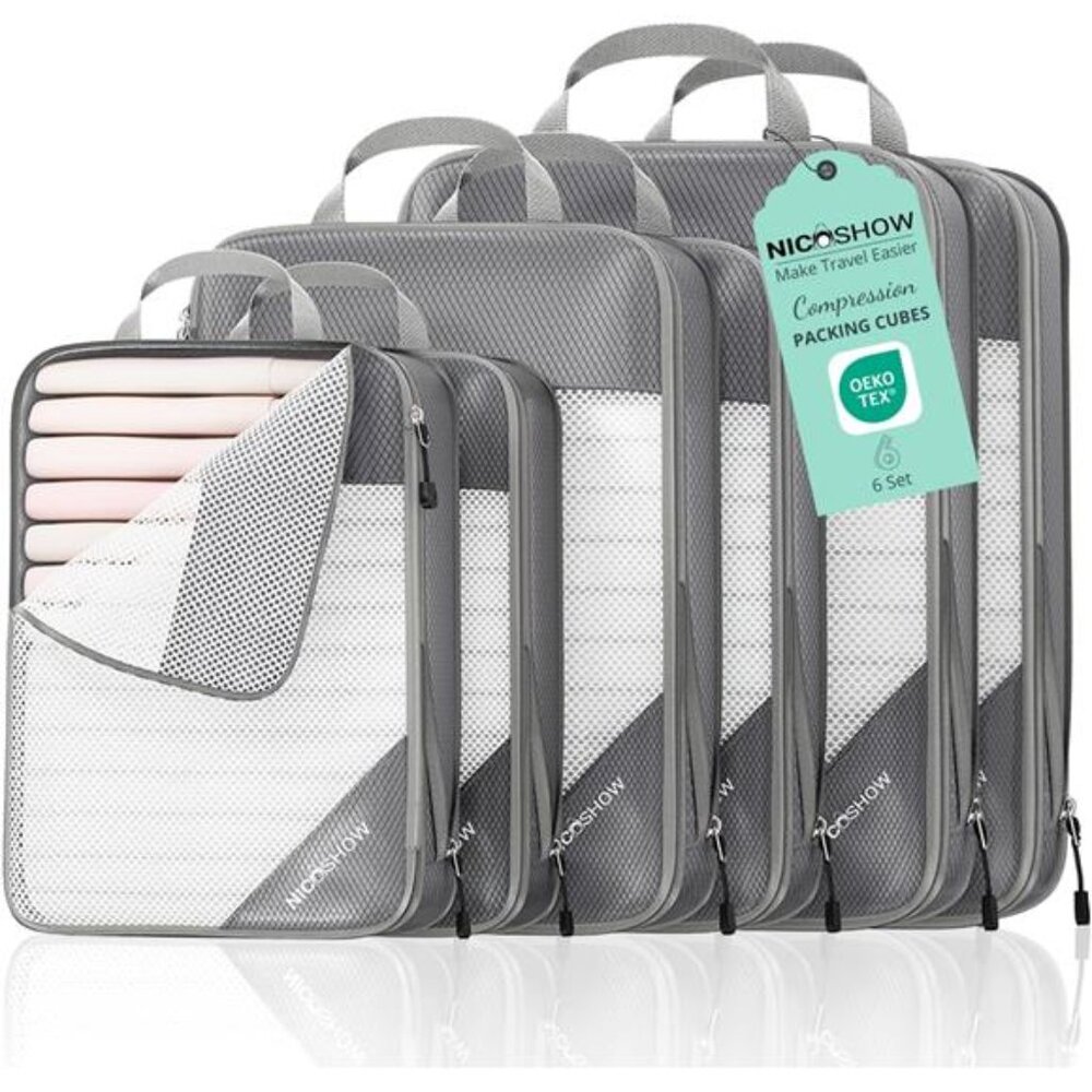 6 Set Compression Packing Cubes for Travel - Compressible, Lightweight